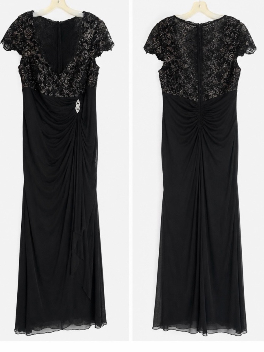 David's Bridal Black Cap Sleeve Lace Bodice Dress With Drape Front